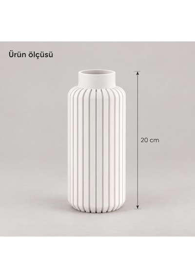 Dikey Çizgili Dekoratif Vazo 20 Cm Modern Silindir Tasarım Beyaz