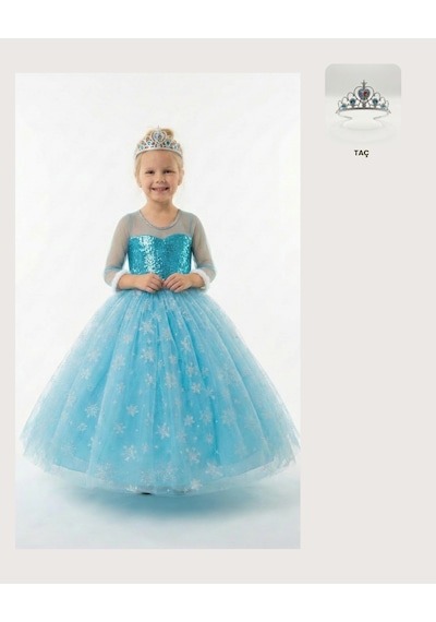 Butikhappykids Frozen Elsa Kostümü Uzun Kollu Kız Çocuk Prenses Elbisesi + Taç Mavi
