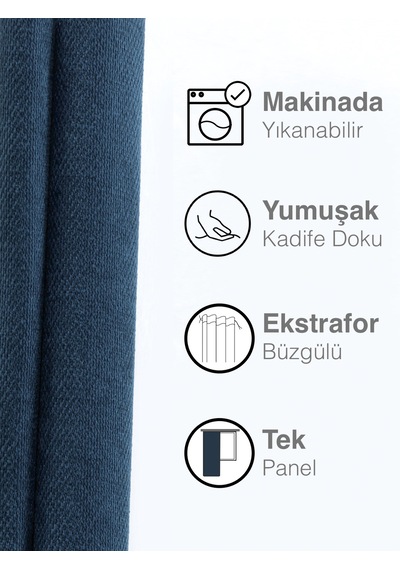 Kadife Dokulu Koyu Mavi Ada Fon Perde Ekstrafor Büzgülü Koyu Mavi