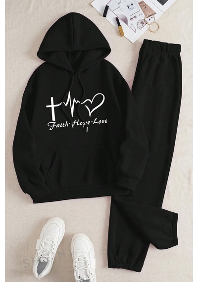 Only Trend Wear Nabız Kalp Baskılı Eşofman Takımı Siyah
