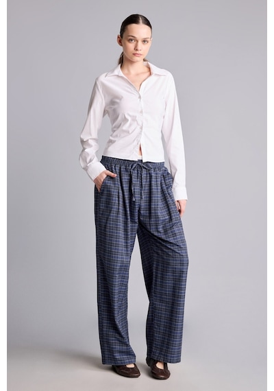 Defacto Ekose Desenli Bağcıklı Beli Lastikli Wide Leg Pantolon I2064ax26aunv241 Lacivert-nv241