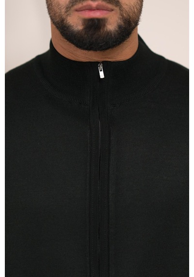 Woolen World Regular Fit Dik Yaka İnce Baharlık Triko Hırka Siyah