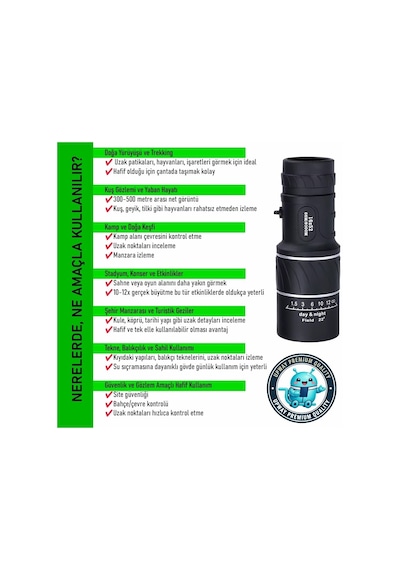 Upway 16x52 Monoküler Dürbün - Hd K9 Optik Cam Lens - 10x Yakınlaştırma Siyah