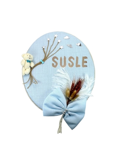 Süslebabypartystore Kuru Çiçek Tanzimli, Ayıcıklı, Isimli Oval Kapı Süsü, Mavi