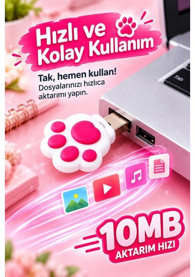 Usb Flash Bellek 32gb Kedi Patisi Görünümlü Anahtarlıklı Usb Drive Usb01 Beyaz