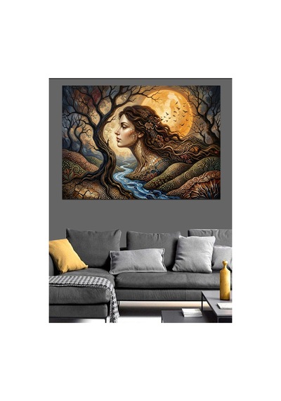 Gece Dolunay Altında Doğa Ana Yağlı Boya Dokulu Kanvas Tablo Canvas Tablosu