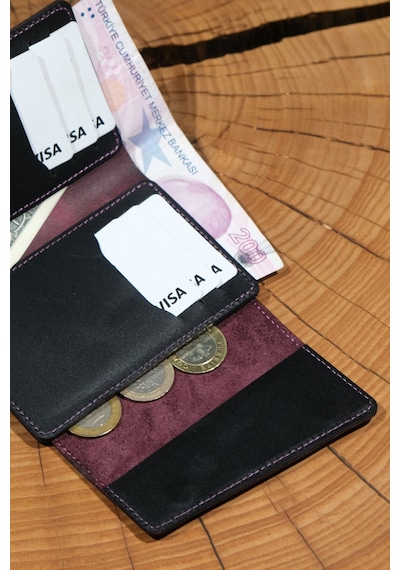 Lenax Leather Lena Hakiki Deri Kadın Cüzdan Nakit Para Gözlü, Bozuk Para Gözlü, 12 Kartlık Siyah - Mürdüm