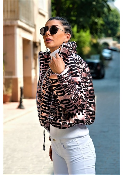 Keyifli Moda Kadın Rose Rengi Parlak Yazılı Dik Yaka Su Geçirmez Kısa Şişme Mo