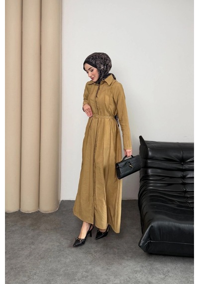 Mihran Butik Quenn Model Coupra Model Kumaş Kemer Detaylı Elbise Hardal