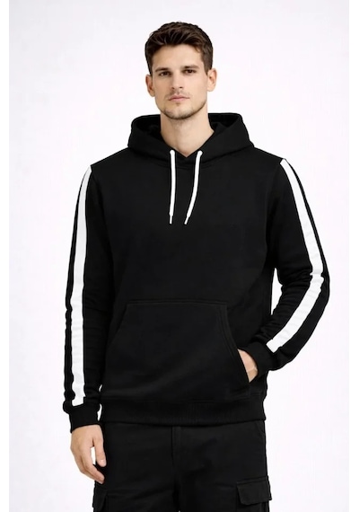 Defymoda Erkek Şeritli Kapüşonlu Sweatshirt Oversize 3 Iplik Pamuklu - Siyah Siyah