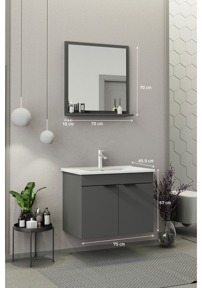 Biani Fix Arya 75 Cm Banyo Dolabı,Seramik Lavabolu, Aynalı,Lavabo Dahil,Mdf,Mat Gri Biani Fix Arya 75 Cm Banyo Dolabı,Seramik Lavabolu, Aynalı,Lavabo Dahil,Mdf,Mat Gri