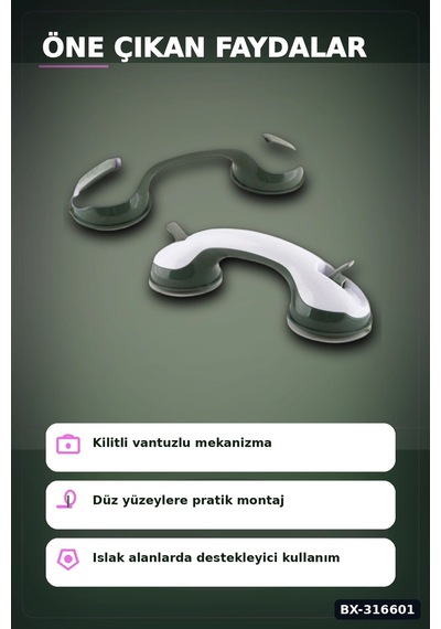 Vantuzlu Banyo Tutacağı Kilitli Vakumlu Emniyet Tutunma Barı 1 Adet Bx-316601 Çok renkli