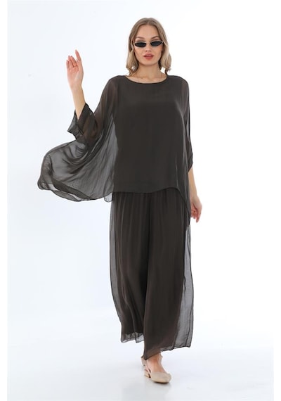 Bohem Stil İtalyan Yarasa Kol İpek Bluz & Pantolon Takım-8767 Kahverengi