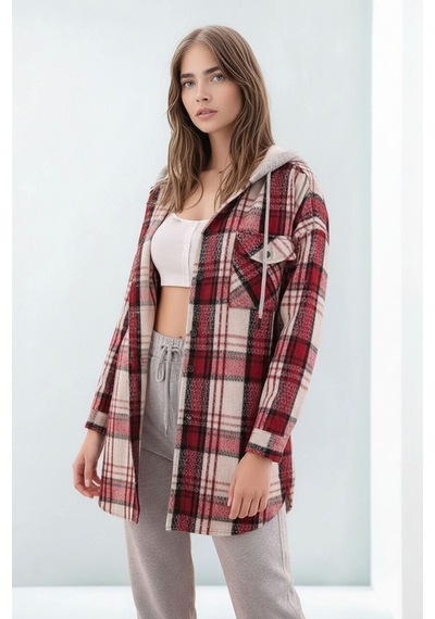 Mamayaga Kadın Desen Bloklu Oduncu Oversize Geniş Kalıp Casual Cepli Kapüşonlu Uzun Boy Ceket Gömlek Kırmızı Mamayaga Kadın Desen Bloklu Oduncu Oversize Geniş Kalıp Casual Cepli Kapüşonlu Uzun Boy Ceket Gömlek Kırmızı