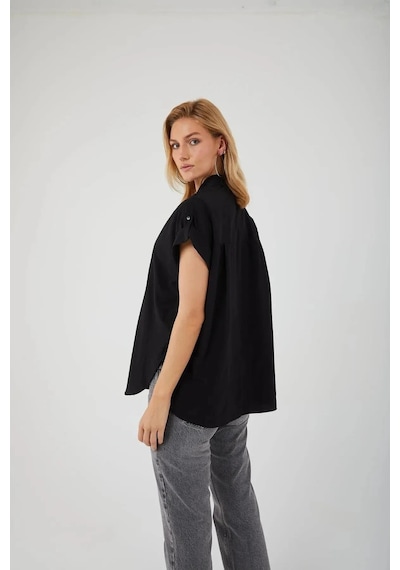 Mixray 3967 Kadın Apoletli Kısa Kol Oversize Gömlek Siyah