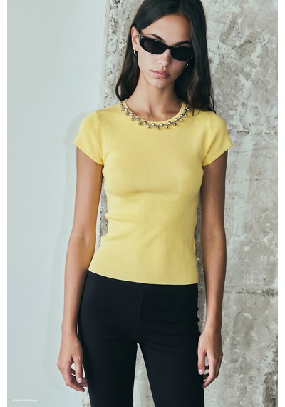 Sateen Kolyeli Kısa Kol Triko - Sarı-137950