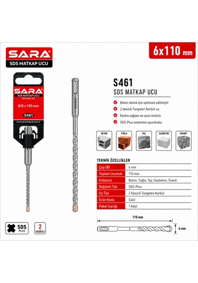 Sara S461 Sds Plus Matkap Ucu 6 X 110 Mm, 2 Kesicili Tungsten Karbür Uçlu