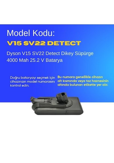 Dyson V15 Sv22 Detect Dikey Süpürge 4000 Mah 25.2 V Batarya  Uyumlu Uzun Ömürlü, Yüksek Performans Pil