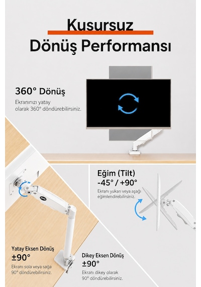 17-32 İnç Amortisörlü Monitör Kolu Tam Hareketli Vesa Uyumlu Masa Kelepçeli Monitör Standı 2-9 Kg - Beyaz