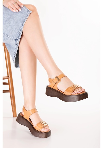 Gondol Hakiki Deri Platform Taban Sandalet Pkr.2401 Taba