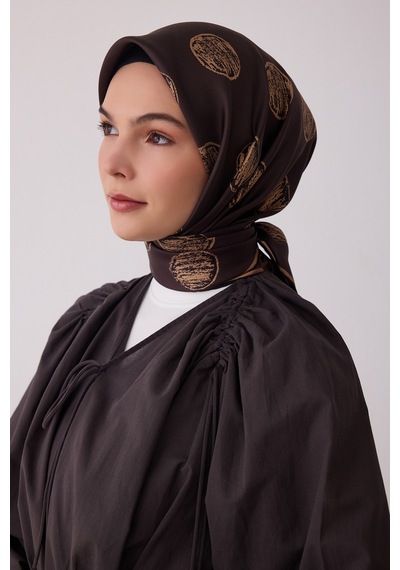 Belli Geometrik Desen %100 Twill İpek Eşarp Be27 Kahverengi