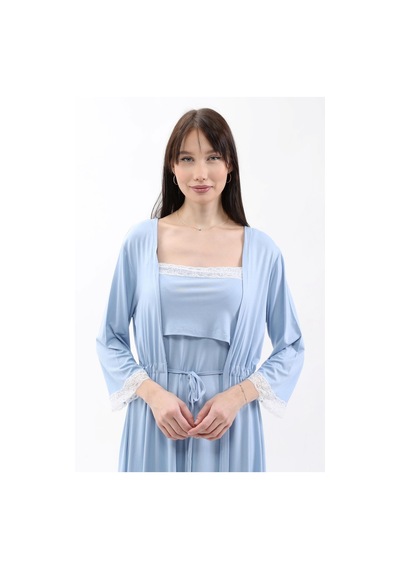Luvmabelly Myra9651 Sabahlıklı Önden Bölmeli Dantelli Emzirme Geceliği -mavi-mavi