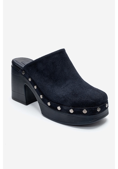 Luvishoes Bellune Lacivert Süet Hakiki Deri Perçin Detaylı Kadın Kalın Topuklu Terlik