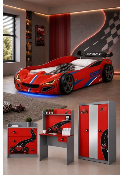 Formula Genç Odası, 3 Kapılı Dolap, Turbo Gtı Arabalı Yatak, Masa, Şifonyer - Kırmızı Formula Genç Odası, 3 Kapılı Dolap, Turbo Gtı Arabalı Yatak, Masa, Şifonyer - Kırmızı