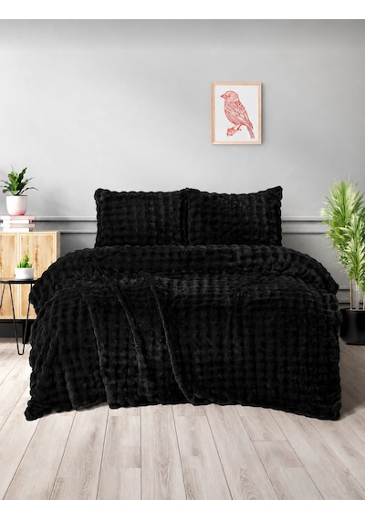 Merinos Diamond Kürk Bubble Desen Comforter Set, Çift Kişilik Yorgan Seti 220x240 Siyah