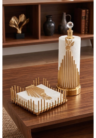 2li Gold Metal Aynalı Çiçek Model Lüks Kare Peçetelik Ve Gold Metal Çiçek Model Lüks Havlu Peçetelik Altın
