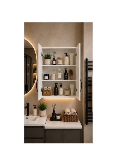 Selen Çift Kapaklı Banyo Üst Dolabı 2 Bölmeli Duvara Monte Banyo Dolabı Beyaz 60x30x60 Cm Beyaz Beyaz