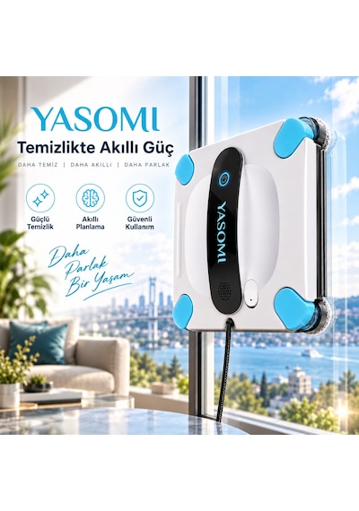 Yasomi WS44 4'lü Su Püskürtme Uygulama Bağlantılı Uzaktan Kumandalı Akıllı Cam Silme Robotu Beyaz - Siyah - Mavi