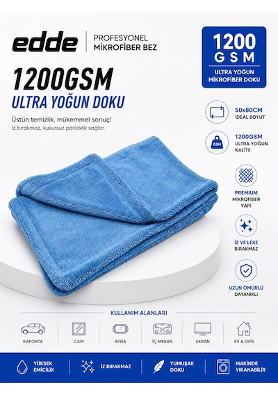 Edde Pro Araba Araç Oto Mikrofiber Kurulama Bezi Havlusu Çift Katlı Ulra Kalın Ithal Mavi 50 80 Cm