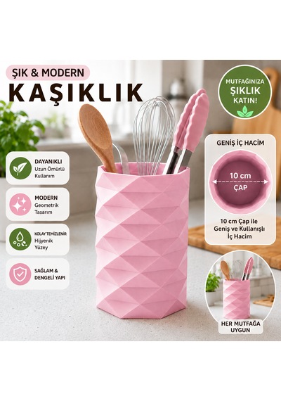Geometrik Tasarımlı Mutfak Kaşıklığı Organizeri 10 Cm Çap Geniş İç Hacimli Tezgah Üstü Kaşıklık Açık Pembe