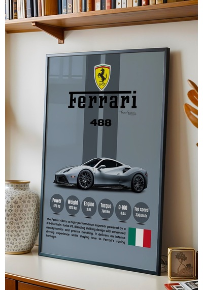 Ferrari 488 Premium Süper Araba Tablosu - Teknik Özellikli İtalyan Otomobil Duvar Dekoru Siyah
