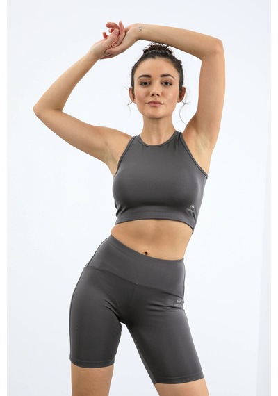 Tommylife Koyu Gri Yüksek Bel Toparlayıcı Dar Kalıp Crop Biker Kadın Tayt Takım - 95302