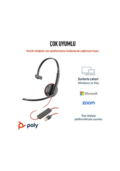 Poly Blackwire 3210 Mono Usb-c Kulaklık, Usb-c/a Adaptörlü 8x214aa