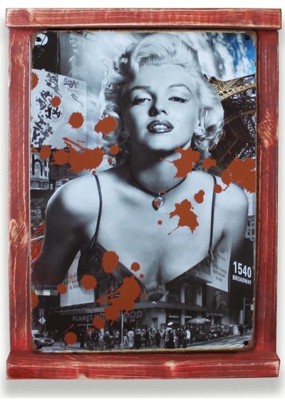 Rustik Ahşap Çerçeveli Vintage Metal Pano M. Monroe Red 20x30