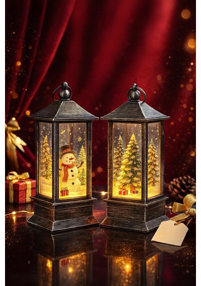 Yeni Yıl Noel Temalı 2 Li Set Işıklı Yılbaşı Feneri Kardan Adam Çam Ağacı Figürlü Fener Gri Set 14cm Çok Renkli
