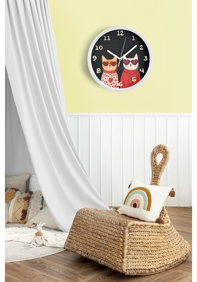 Kediler Modern Duvar Saati - 35cm - Önü Camlı Beyaz Kasa - Sessiz Mekanizma Beyaz