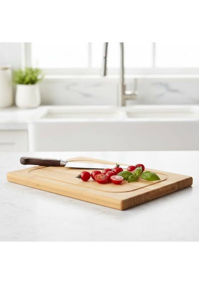 Dikdörtgen Bambu Kesme Tahtası 34x24 Cm Antibakteriyel, Oluklu Ve Kulplu Doğrama Tahtası