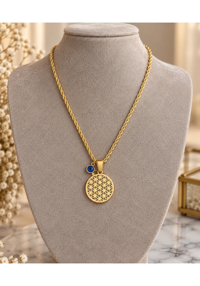 Gold Renk Yaşam Çiçeği Kolye Nazar Boncuklu Geometrik Madalyon Kadın Kolye