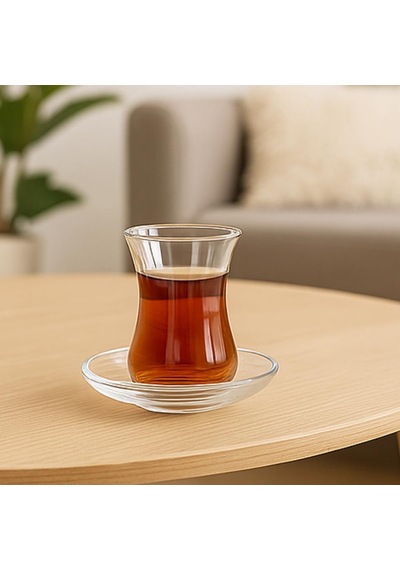 12 Parça Klasik Çay Seti 6 Çay Bardağı Ve 6 Çay Tabağı, Şeffaf Cam, 8 Cm Bardak, 10 Cm Tabak, Şık Ve Dayanıklı Tasarım çok renkli