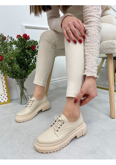 Erva'nın Butiği Bej Cilt College Kadın Bağcıklı Loafer-4094