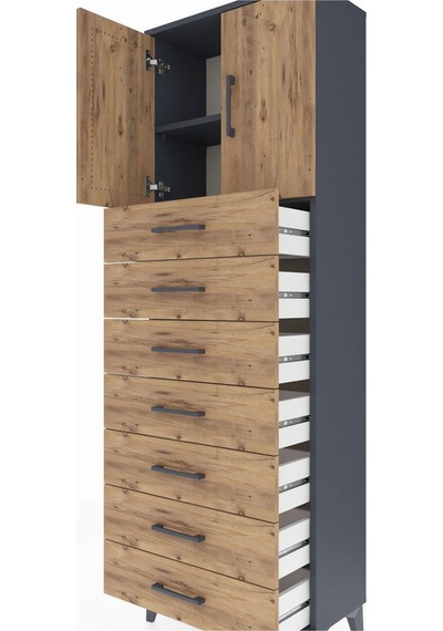 Arges Dolap 2 Raflı 7 Çekmeceli 2 Kapaklı 60x30x182 Antrasit-çam Antrasit