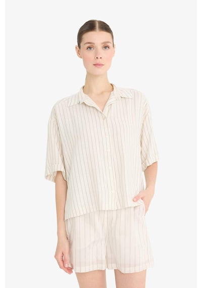 DeFacto Loose Fit Çizgili Keten Karışımlı Kısa Kollu Gömlek F5546AX25SMER105