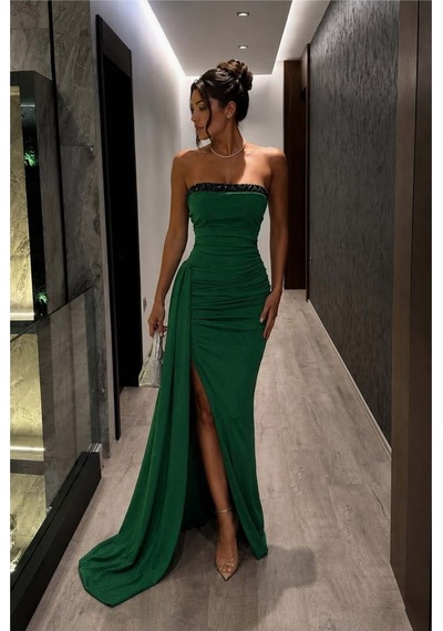 Lior Design Kadın Minimal Dik Yaka Payetli Maxi Uzun Kollu Abiye Elbise Zümrüt
