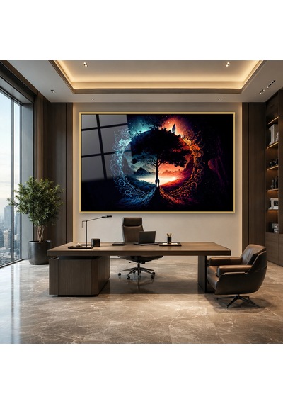 Gece Gündüz Daire İçinde Ağaç Gold Çerçeveli Cam Tablo