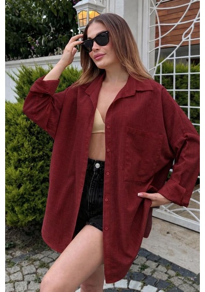 Rouge Basıc Oversize Keten Dokulu %100 Pamuk Salaş Gömlek Bordo