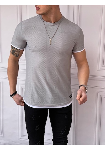 Modefendi Slim Fit Örgü Desen Pamuklu Parçalı Tshırt Gri